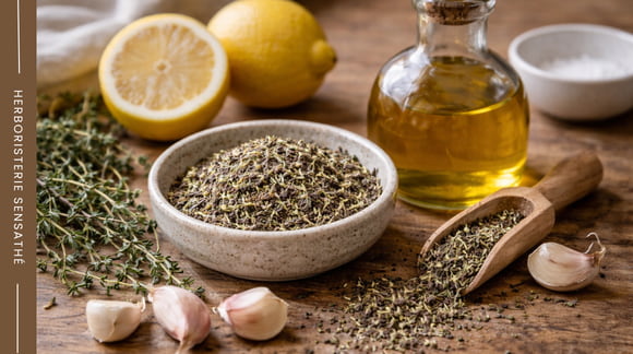 Thym séché en vrac avec citron, ail et huile d’olive pour illustrer l’utilisation du thym en cuisine - Herboristerie Sensathé Thym séché en vrac avec citron, ail et huile d’olive pour illustrer l’utilisation du thym en cuisine - Herboristerie Sensathé